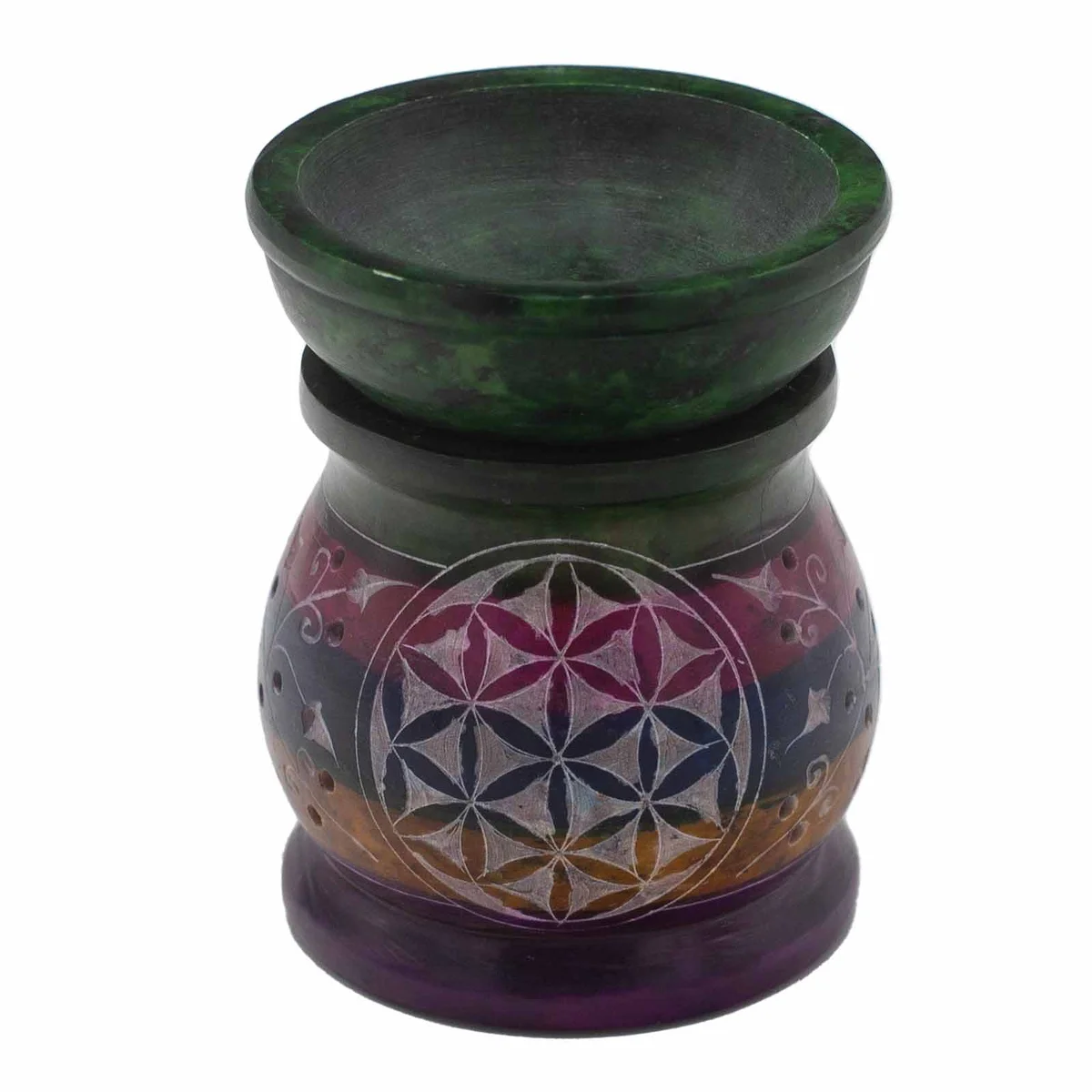 10cm oil burner made of soapstone with Flower of Life design in five vibrant colours on display
