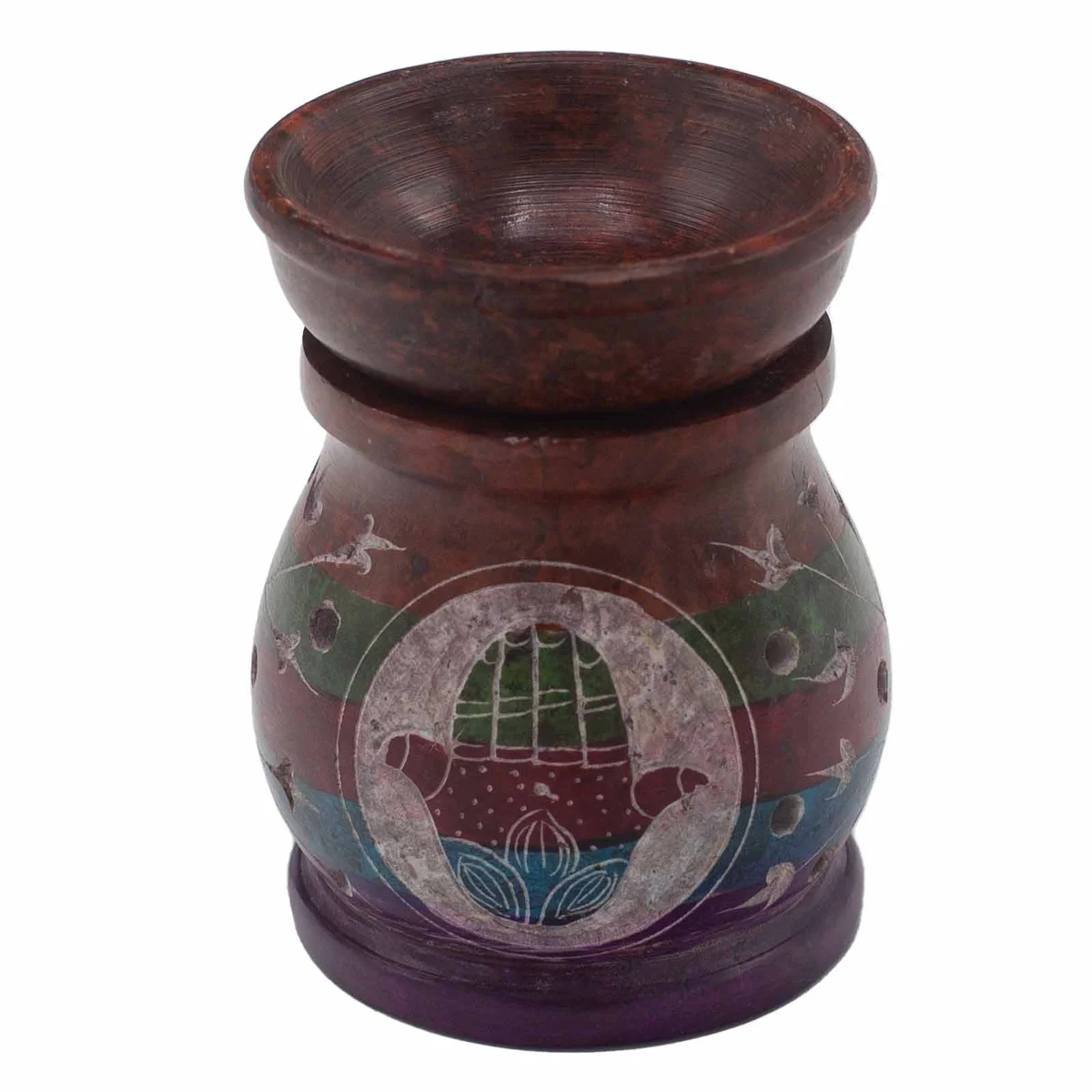 Soapstone aromatherapy burner 10cm with Hamsa design in vibrant colour, side view showing smooth carved details