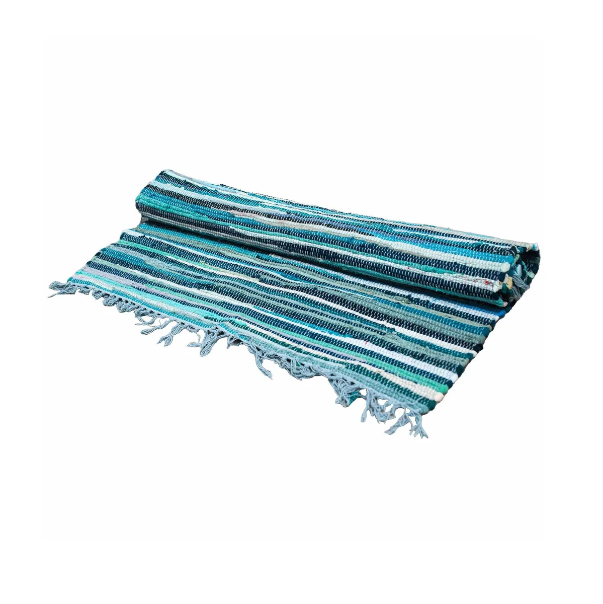 Small rag rug in aqua blues, premium quality, measuring 50 by 90 centimetres, laid flat on a white background