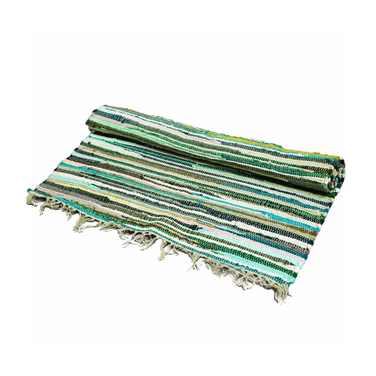 Small 50x90cm premium quality rag rug in natural green shades with a woven texture on a white background