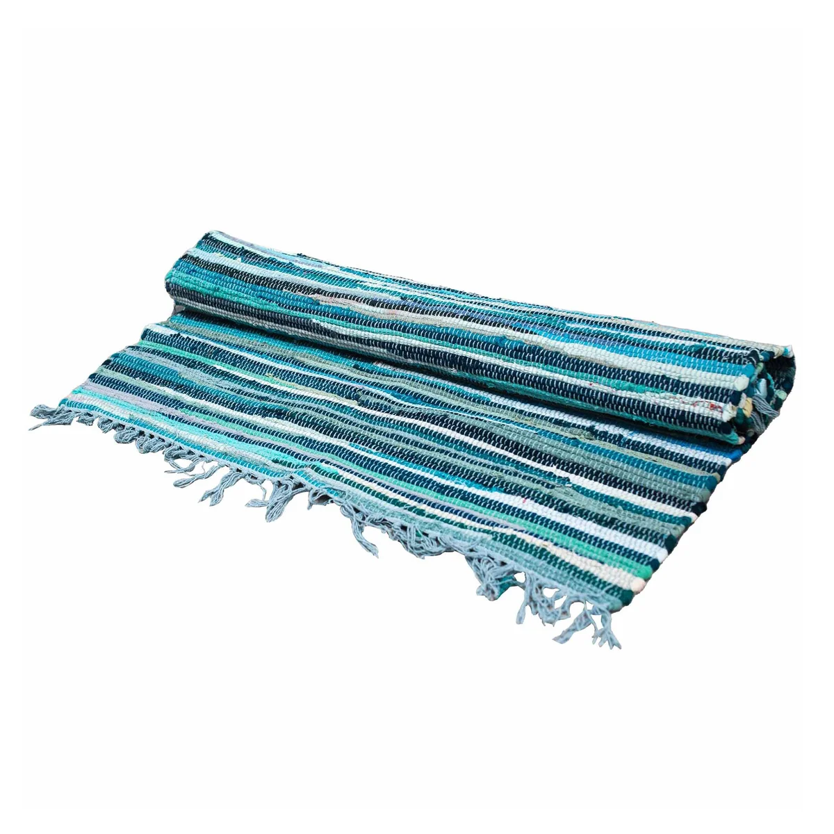 Large 150x90cm premium quality aqua blues rug with mixed blue fabric strips woven in a rag rug style