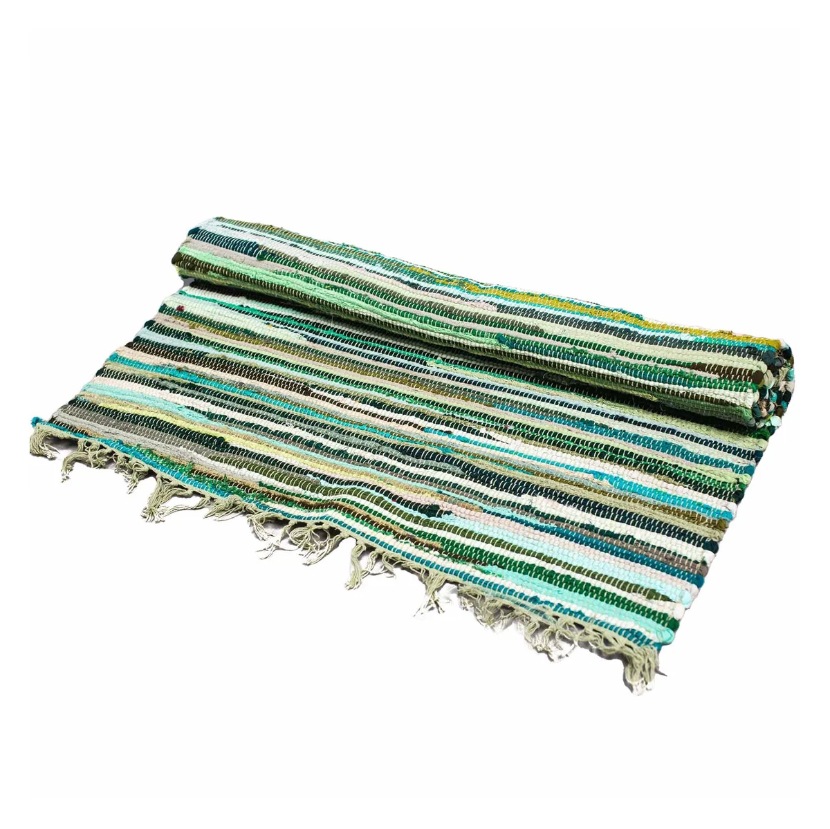 Large rag rug in natural green shades, measuring 150x90cm, premium quality woven fabric on a white background
