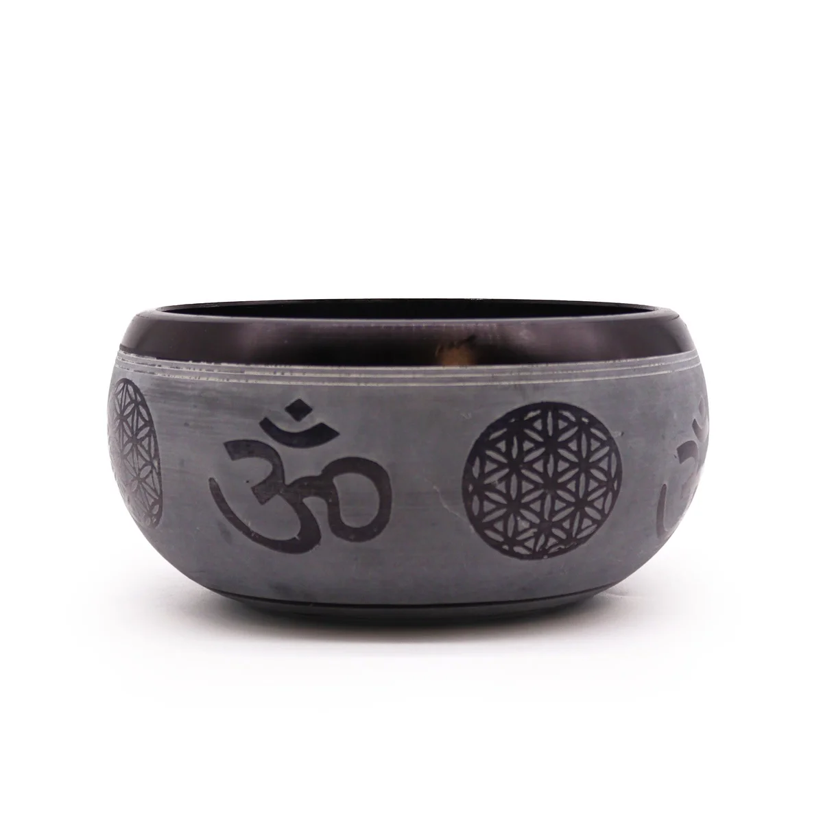 Earth powder singing bowl 16cm with Om Five Buddha design, handcrafted for meditation and sound therapy sessions