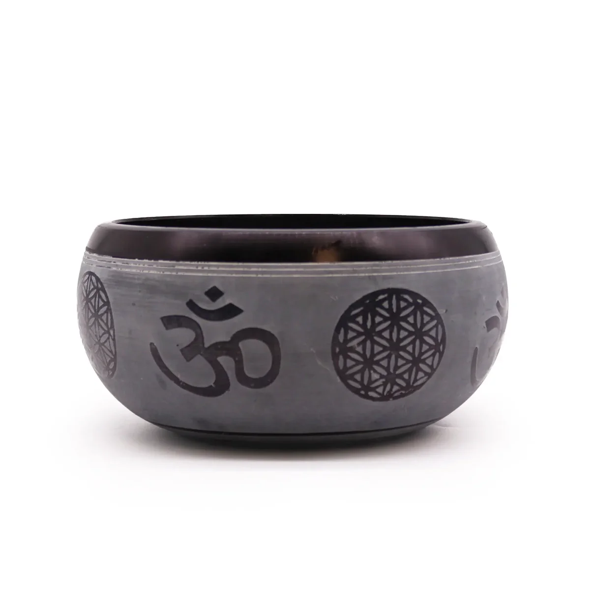 Om Five Buddha bowl made of earth powder, 16cm singing bowl with engraved Om and Buddha designs