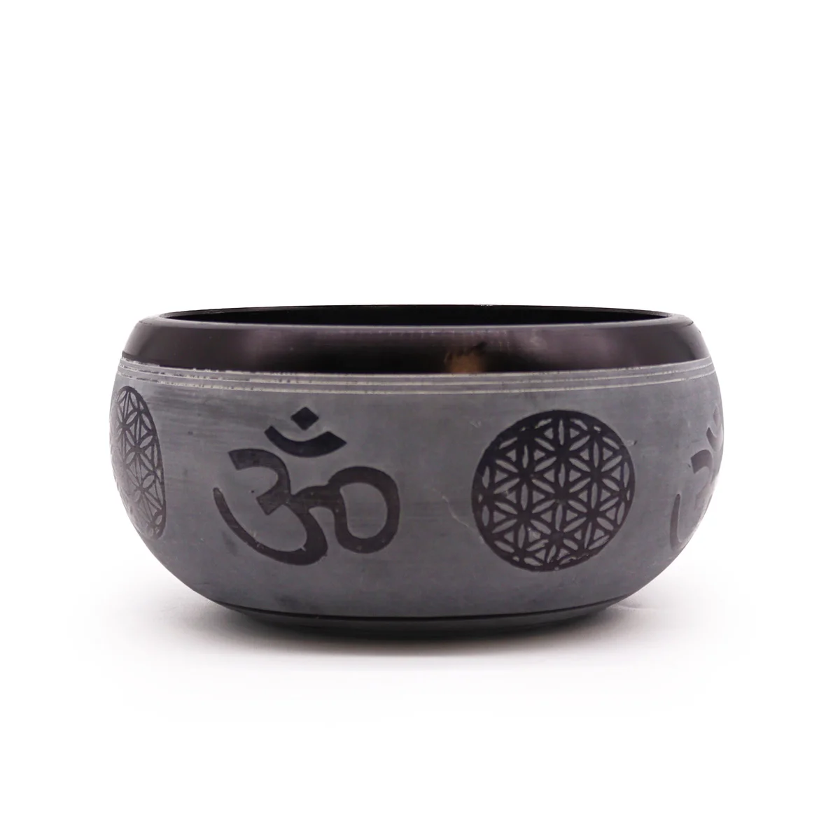 Earth Powder 16cm singing bowl with Om Five Buddha design, shown with wooden striker on white background