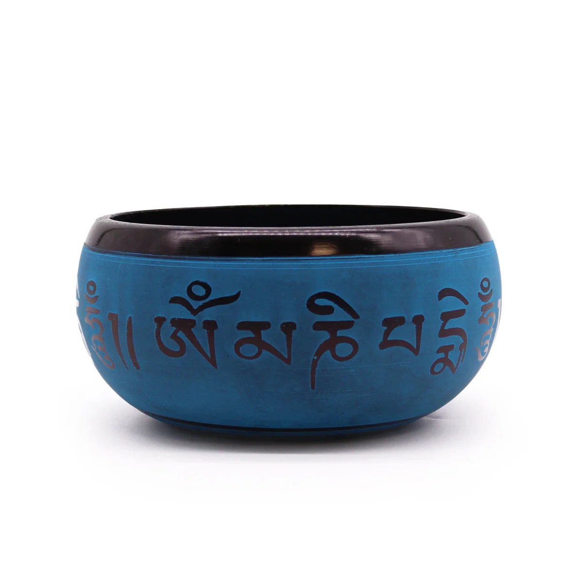 Blue Mantra Five Buddha Earth Powder singing bowl 16cm with intricate designs on a wooden base
