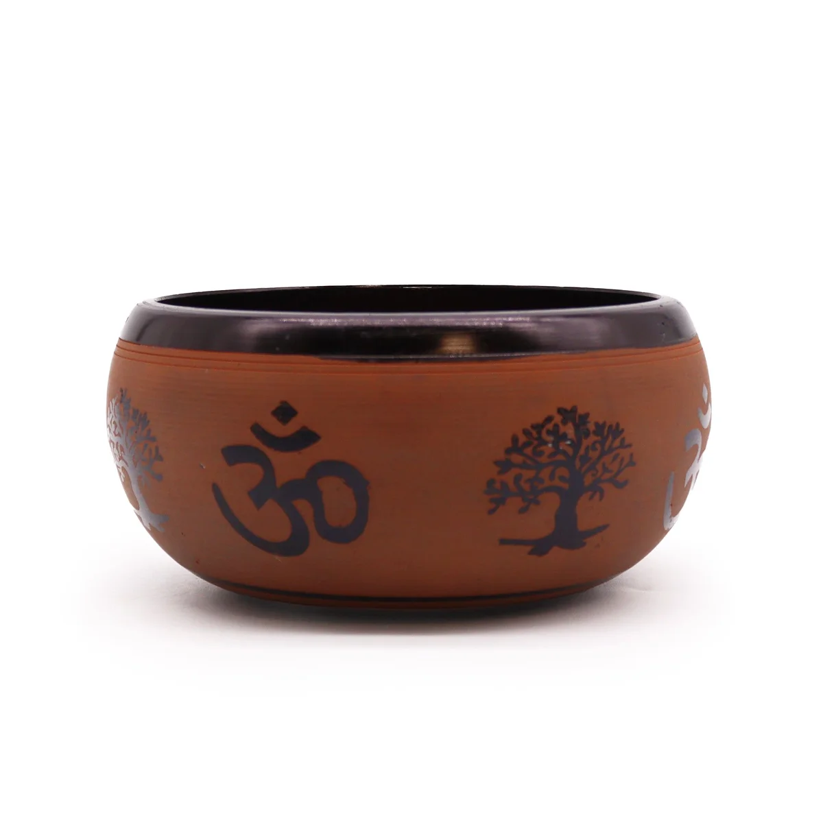 Earth powder singing bowl with clay Om Buddha design, 16cm diameter, used for meditation and sound therapy