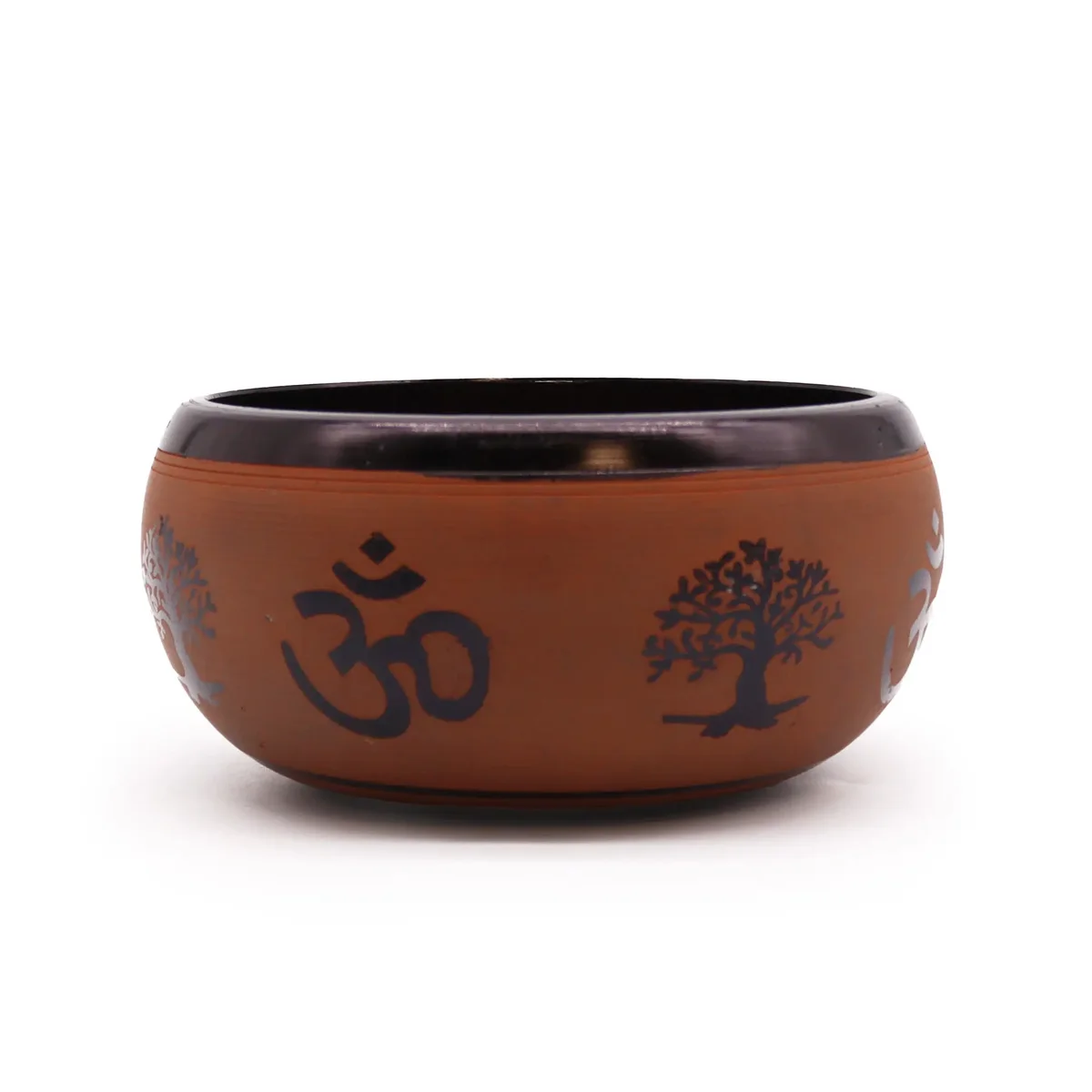 16cm Earth Powder clay singing bowl with Om Buddha design on the exterior, used for meditation and sound therapy