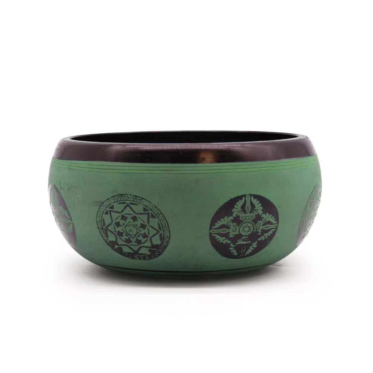 16cm earth powder bowl with Mandala Buddha design, round singing bowl with intricate patterns on surface