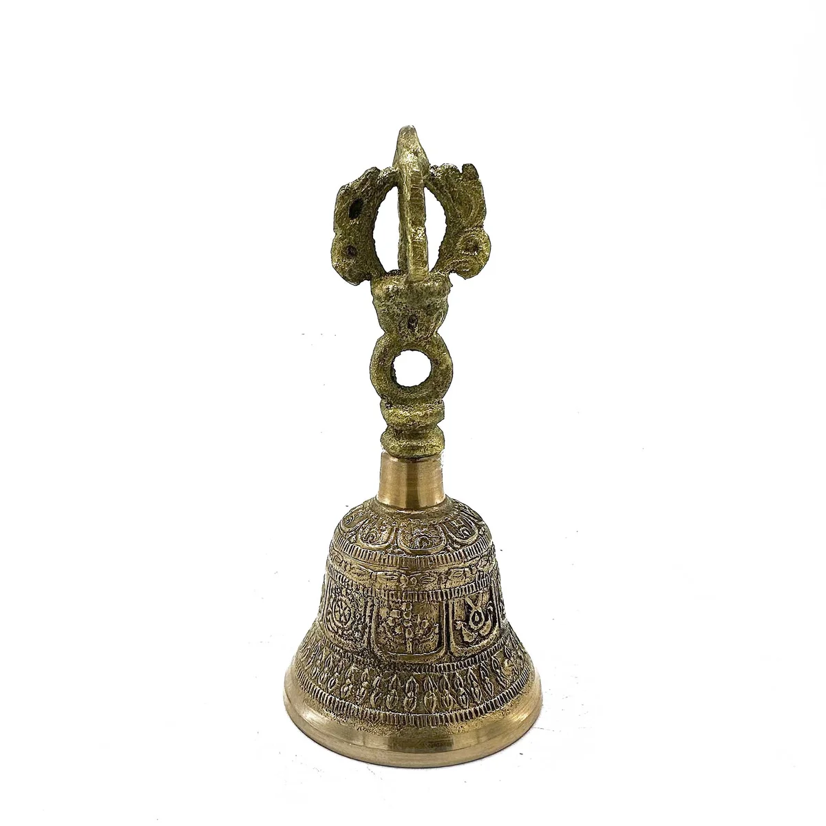 Small Tibetan Tingsha meditation bell, 5x11cm, showing two connected metal cymbals with a leather strap