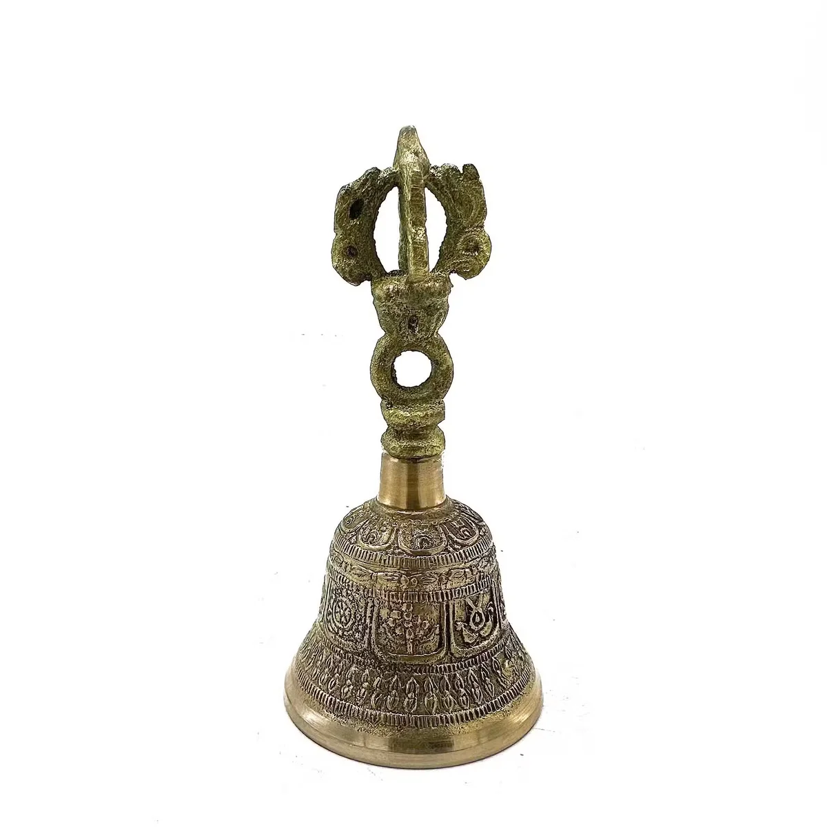 Small decorative Tibetan bell with two cymbals connected by a leather strap, measuring 5x11cm, on white background