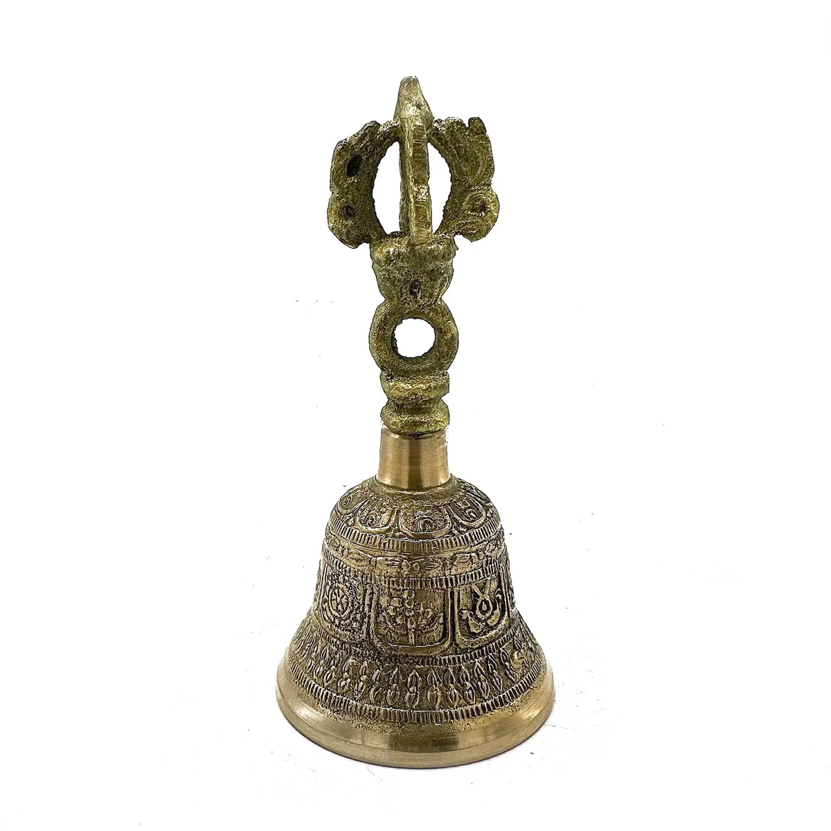 Medium Tibetan Tingsha Bell measuring 6x11.5cm with traditional metal design on a white background