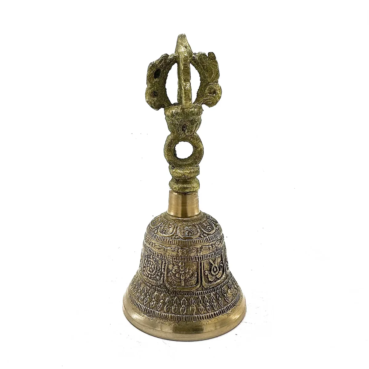 Medium Tingsha bell set with two connected cymbals, 6x11.5cm, traditional Tibetan design on white background