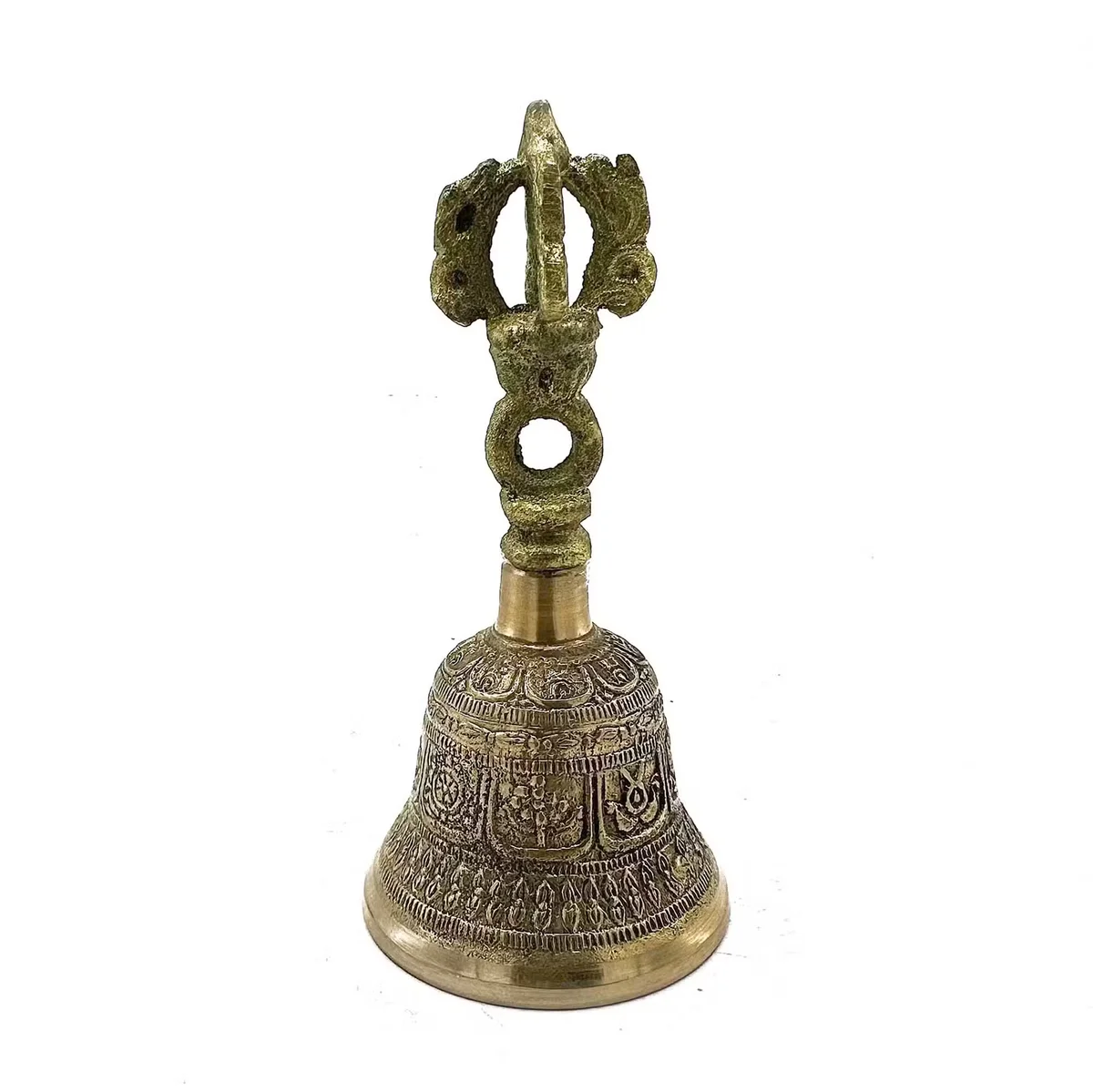 Medium Tibetan Tingsha bell with decorative Tingsha cymbals, measuring 6x11.5cm, shown on plain background