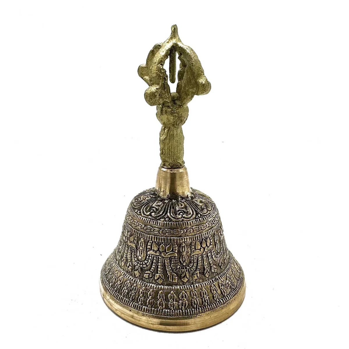 Large Tibetan tingsha bell with two cymbals connected by a leather strap, measuring 7.5x13cm