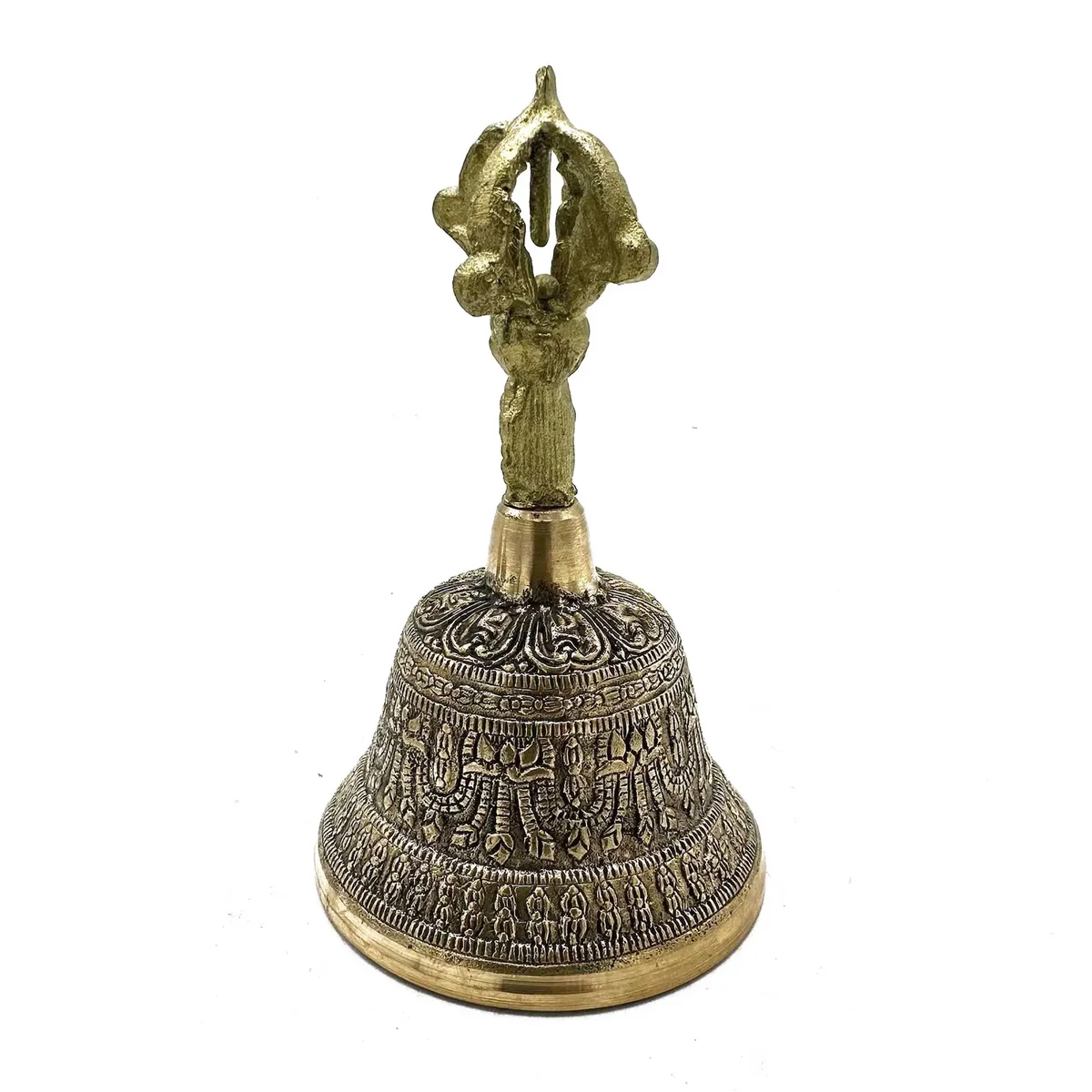 Large Tibetan tingsha bell measuring 8x15cm with intricate metal design on white background