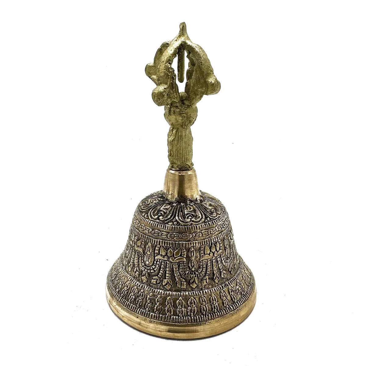 Large Tibetan Tingsha Bell, 8x15cm, shown from side angle, large meditation bell with metal cymbals on wooden base
