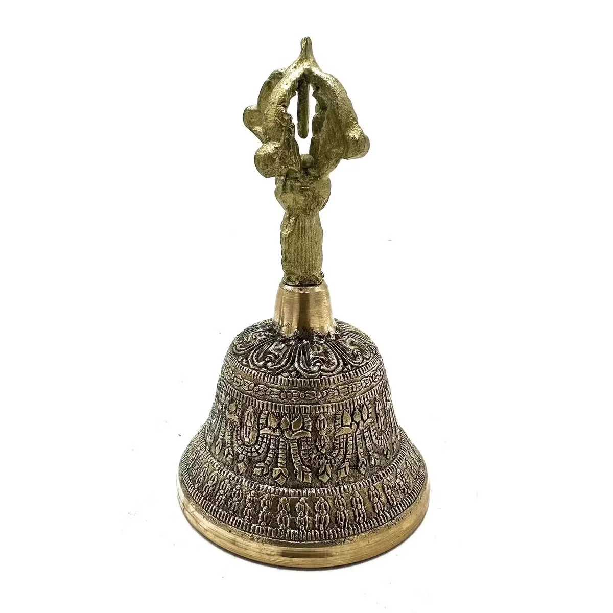Large Tibetan Tingsha bell with connected Tingsha cymbals, measuring 8x15cm, on a white background