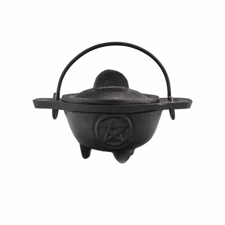 Cast iron cauldron with pentagon shape, 5x9cm, black metal dish.