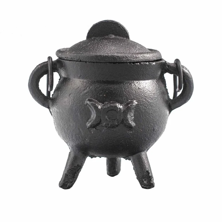 Small round cast iron cauldron with triple moon design, 6x10cm (triple moon cauldron)