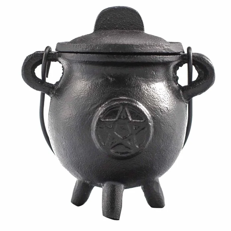 Cast iron cauldron with pentagon shape, 6.5x13cm, shown in clear photo.