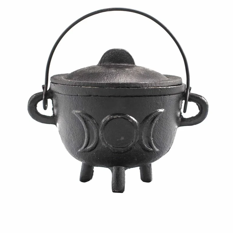 Cast iron cauldron with triple moon design, 11x13cm, dark iron finish