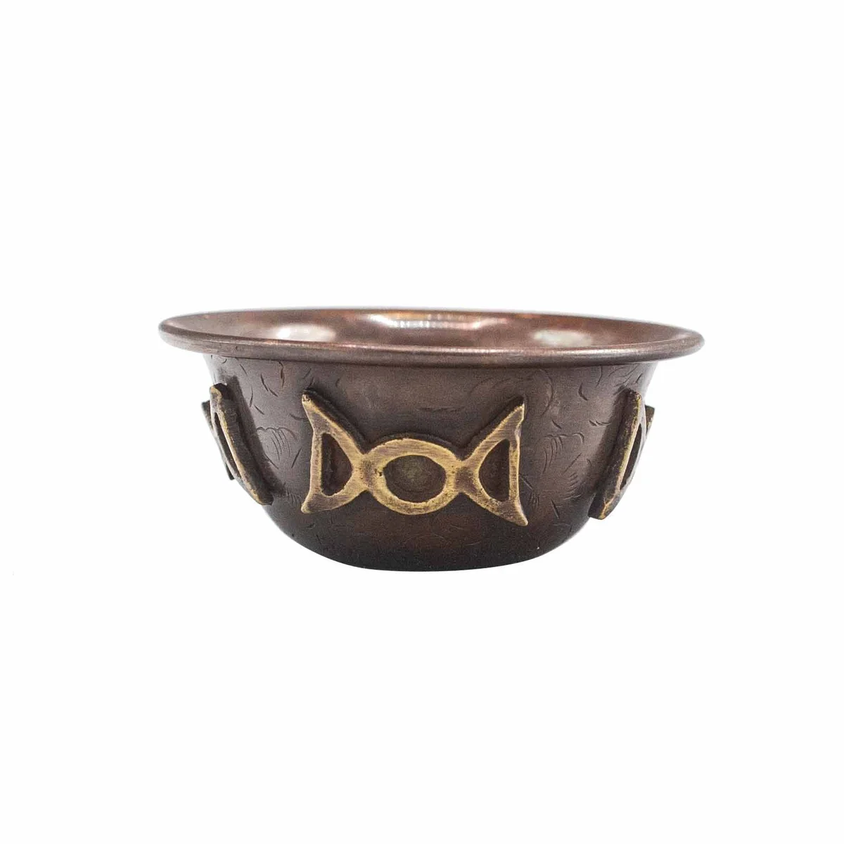 Antique copper ritual bowl 8x4cm featuring a triple moon design on its surface
