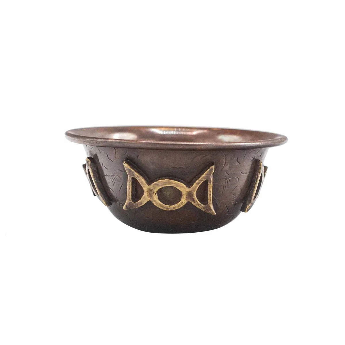 Antique copper ritual bowl 8x4cm with triple moon design on the inside surface, shown from above on a white background
