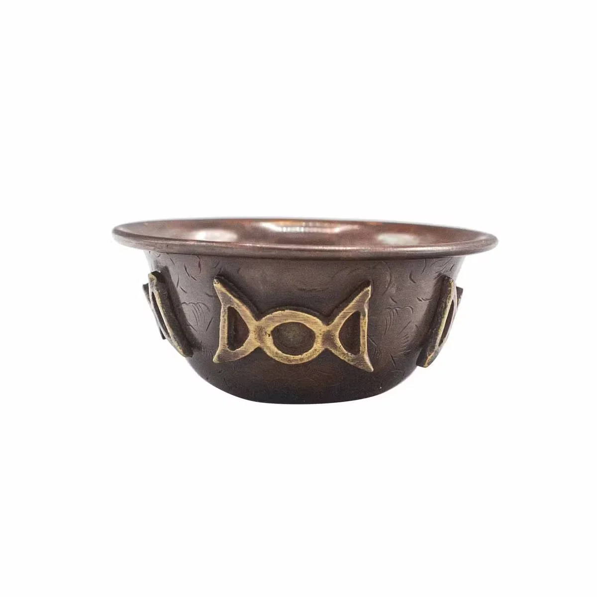 Antique copper decorative ritual bowl featuring a triple moon design, measuring 8 by 4 cm, on a plain background
