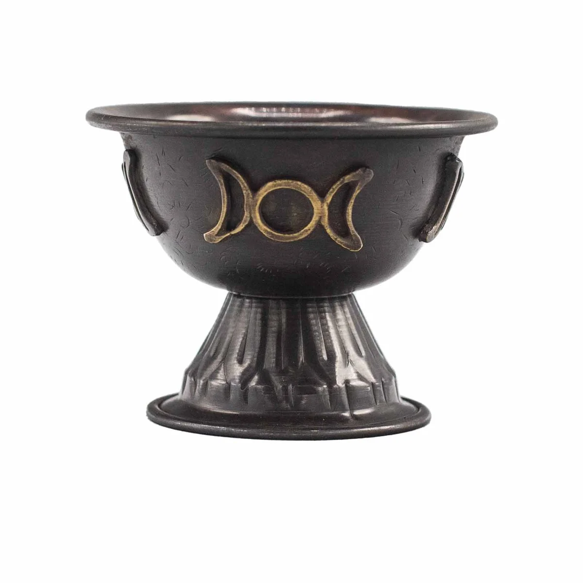 Antique copper ritual chalice with triple moon design, 10cm tall and 8cm wide, detailed metalwork finish