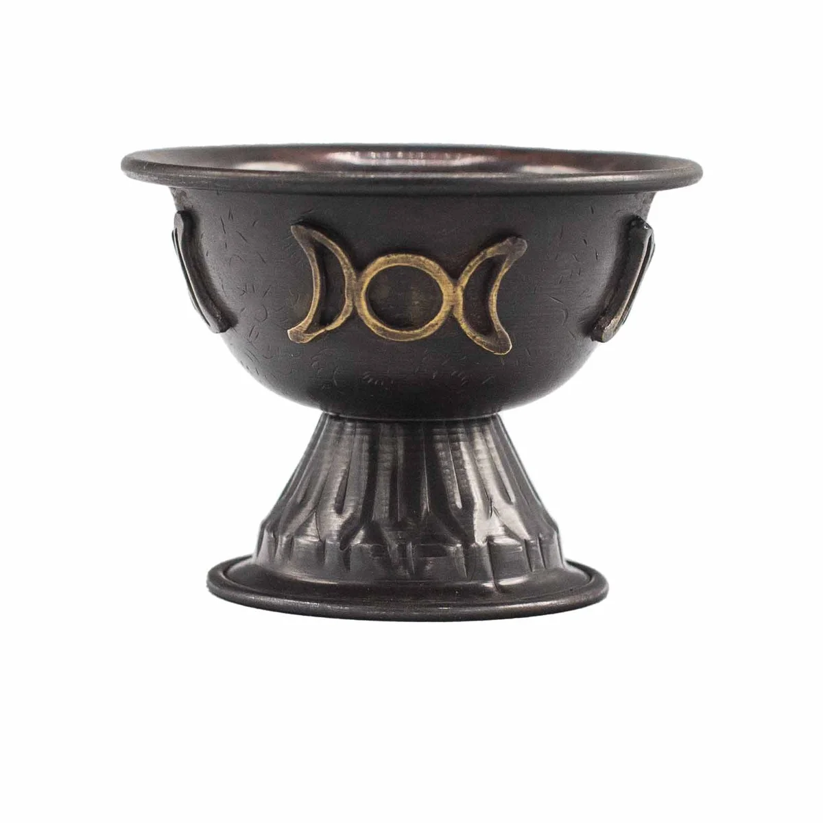 Antique copper decorative ritual chalice with triple moon design, measuring 10x8cm, shown on a plain background