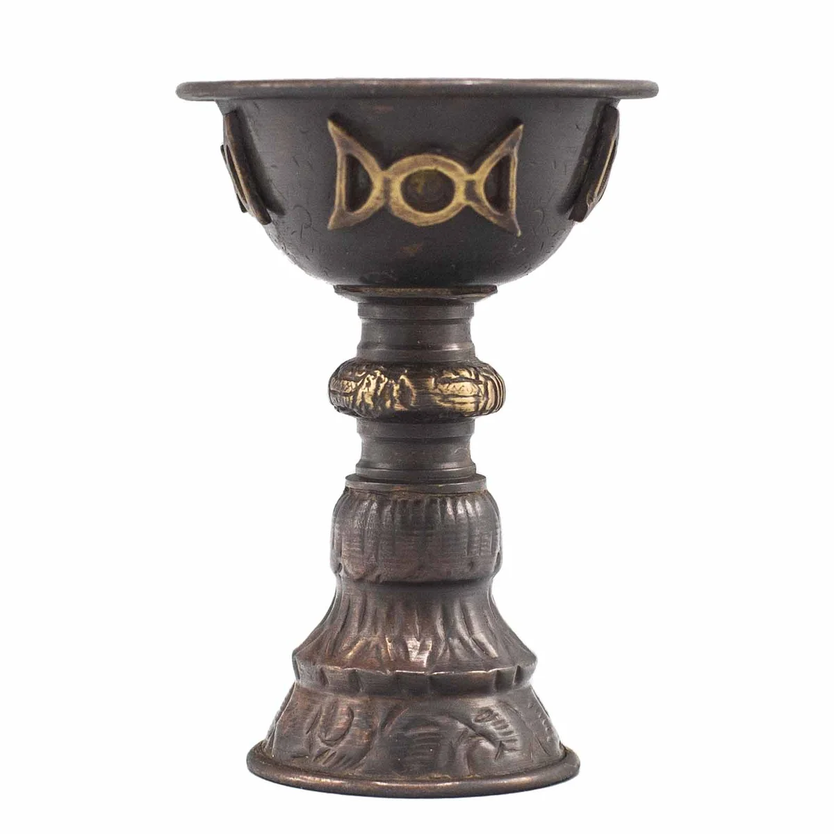 Antique copper ritual chalice copper with triple moon design, 8x13cm, shown from side angle on white background