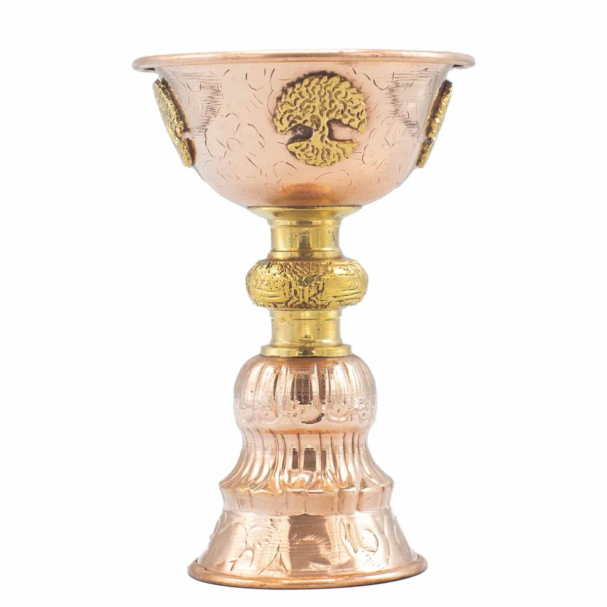 Copper ritual goblet with engraved Tree of Life design, 10x15cm, shiny copper finish on plain background