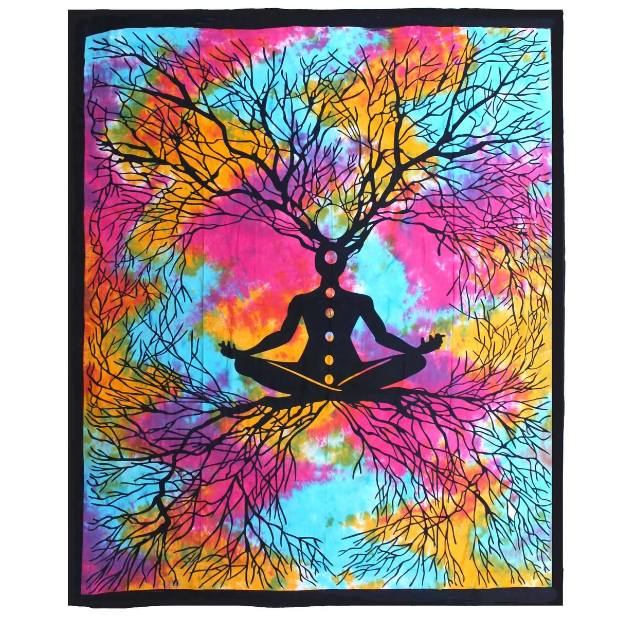 Double cotton bedspread with yoga tree design, shown as bedspread and wall hanging in calming colors