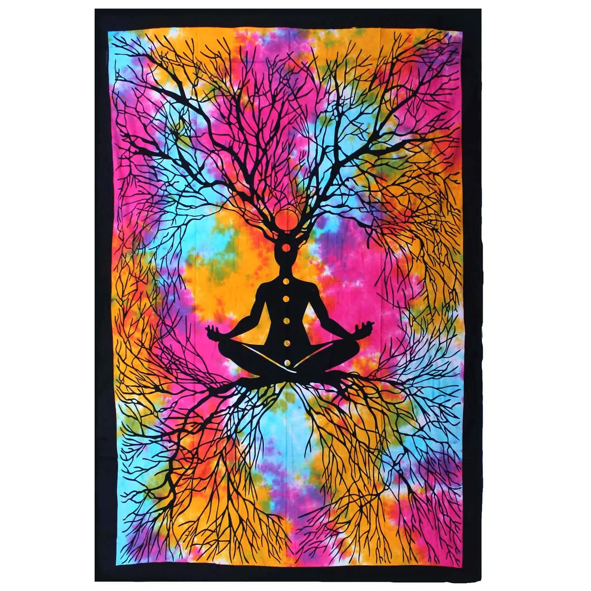 Single bedspread with Yoga Tree design in cotton, also used as a wall hanging, displayed flat against a white background