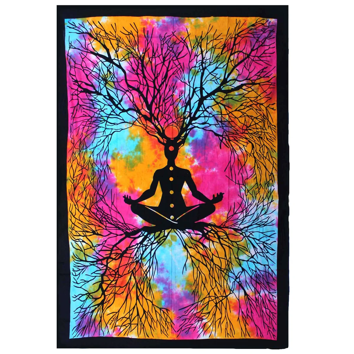 Single cotton bedspread with Yoga Tree design displayed as wall hanging decor in a calm, minimalist setting