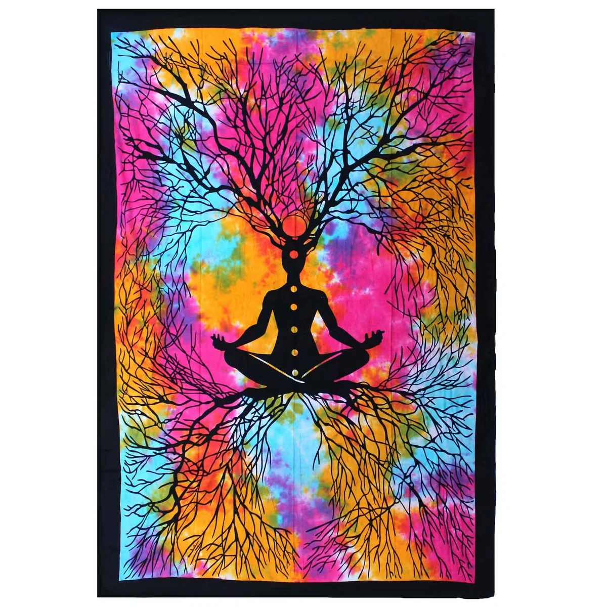 Single cotton bedspread with yoga tree design displayed as a wall hanging in a calm, minimal room setting