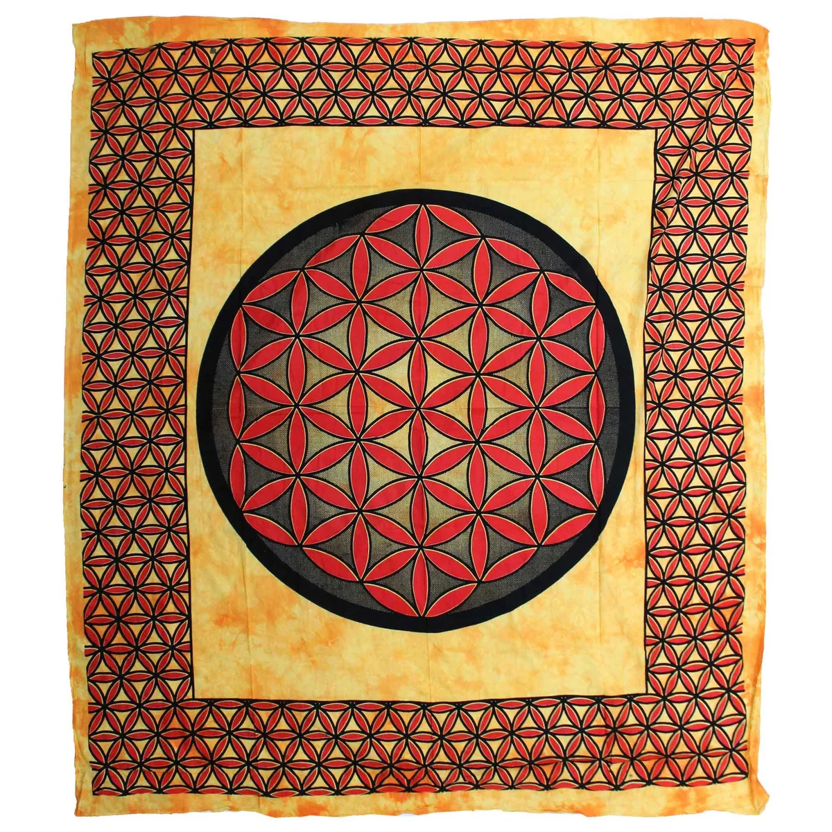 Orange double cotton bedspread with Flower of Life pattern, also used as a wall hanging