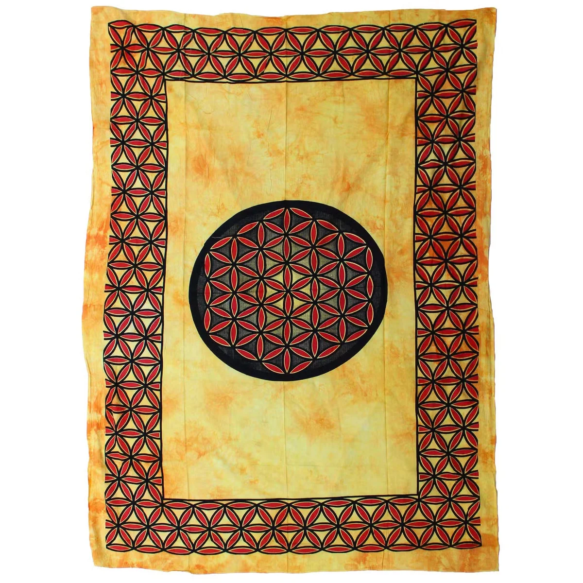 Orange bedspread with Flower of Life pattern displayed as a single cotton bedspread and wall hanging