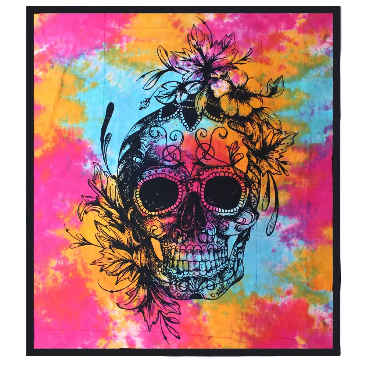 Double cotton bedspread with colorful Day of the Dead skull design, also used as a wall hanging in a bedroom setting
