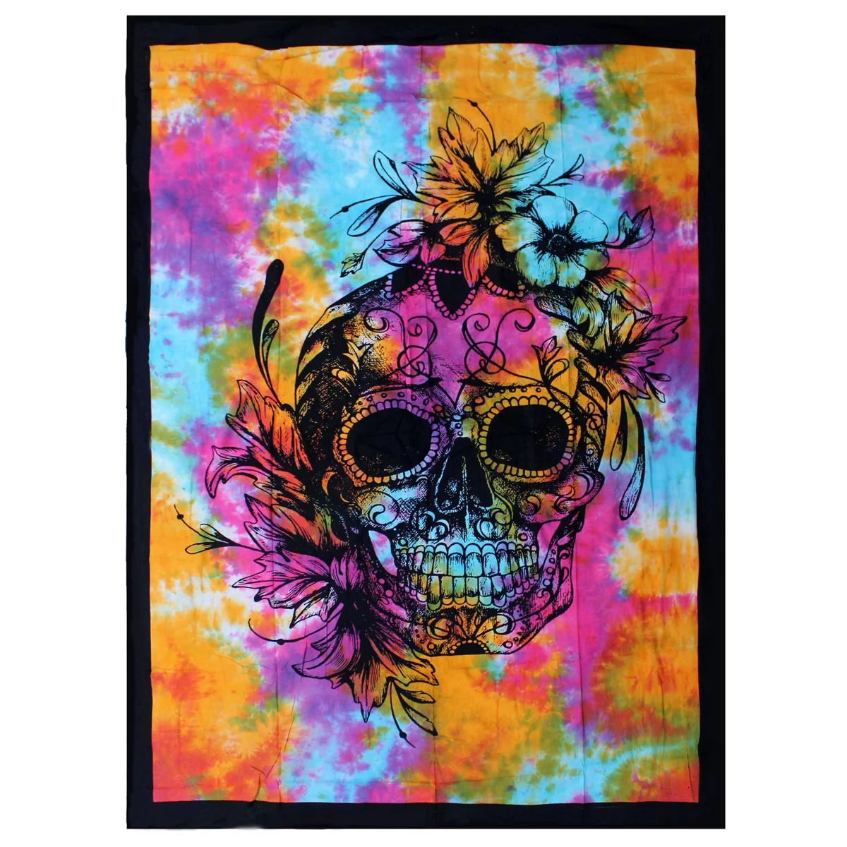 Single cotton bedspread and wall hanging featuring colorful Day of Dead skull design on white background
