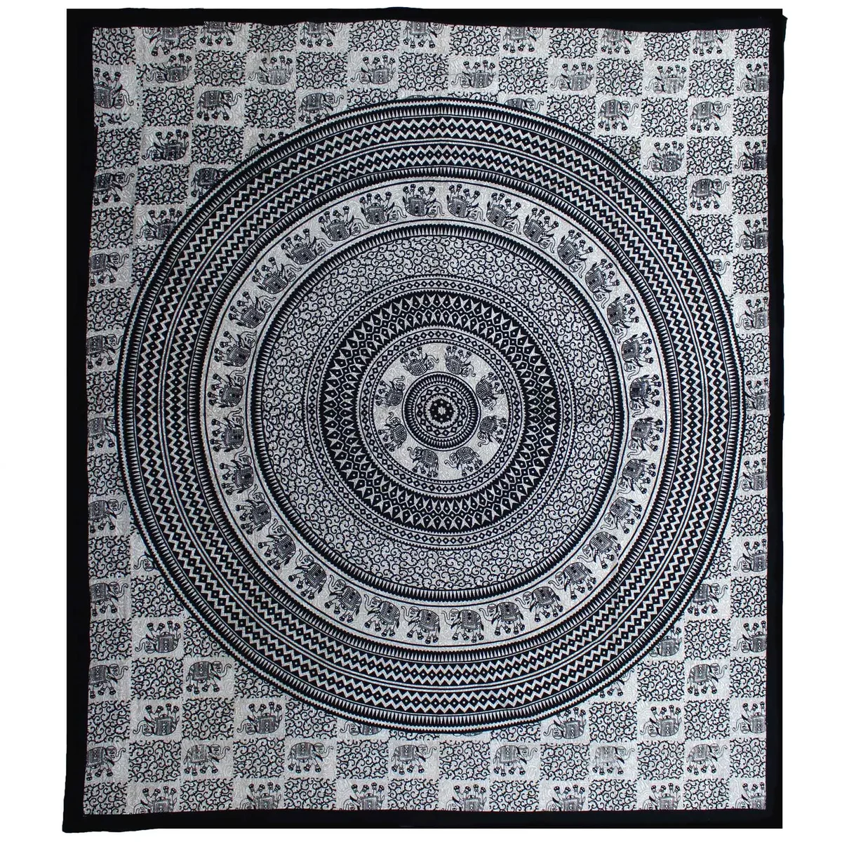 Double cotton elephant mandala bedspread in monochrome, displayed as bedspread and wall hanging with intricate elephant design