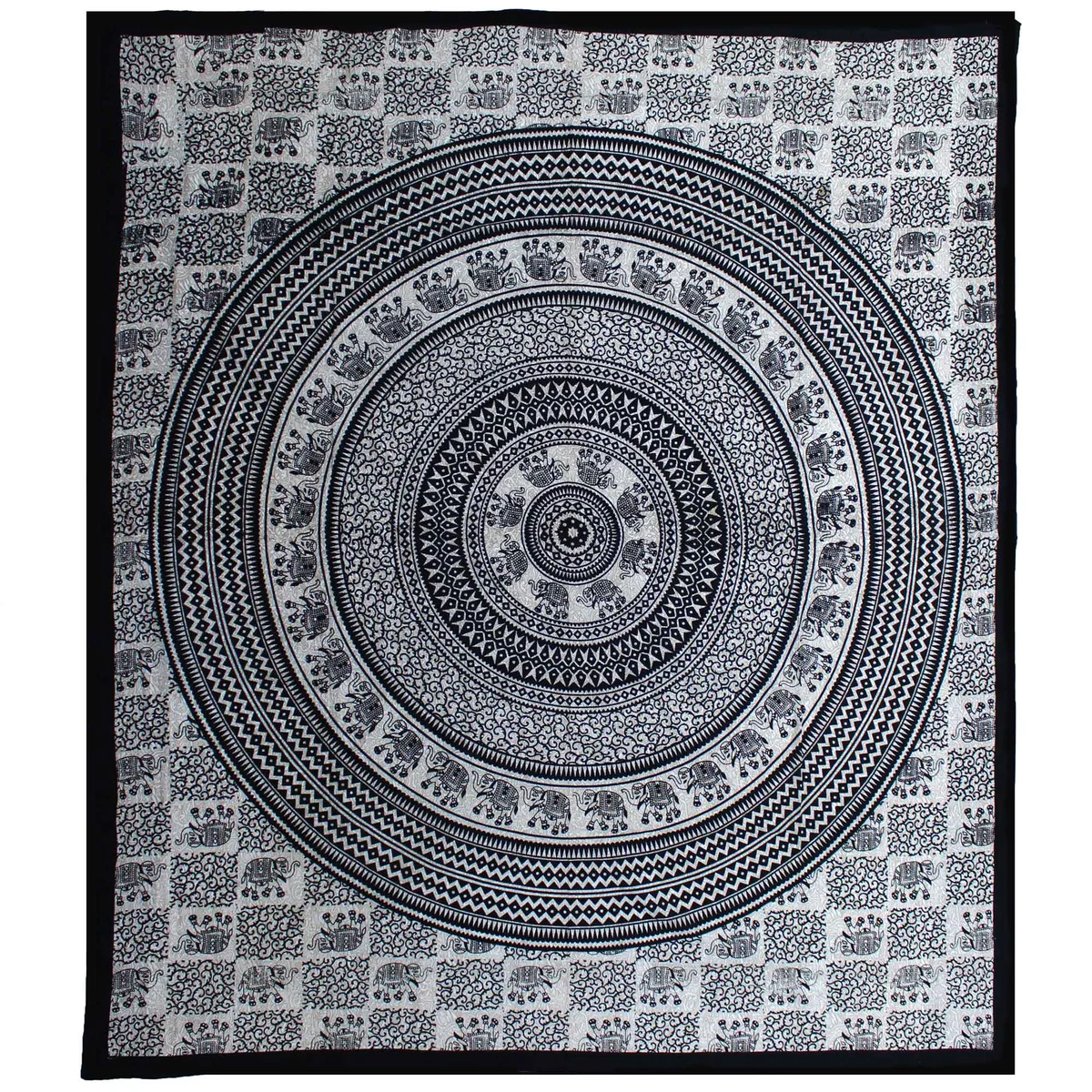Double cotton bedspread wall hanging with monochrome elephant mandala design displayed flat against a white background