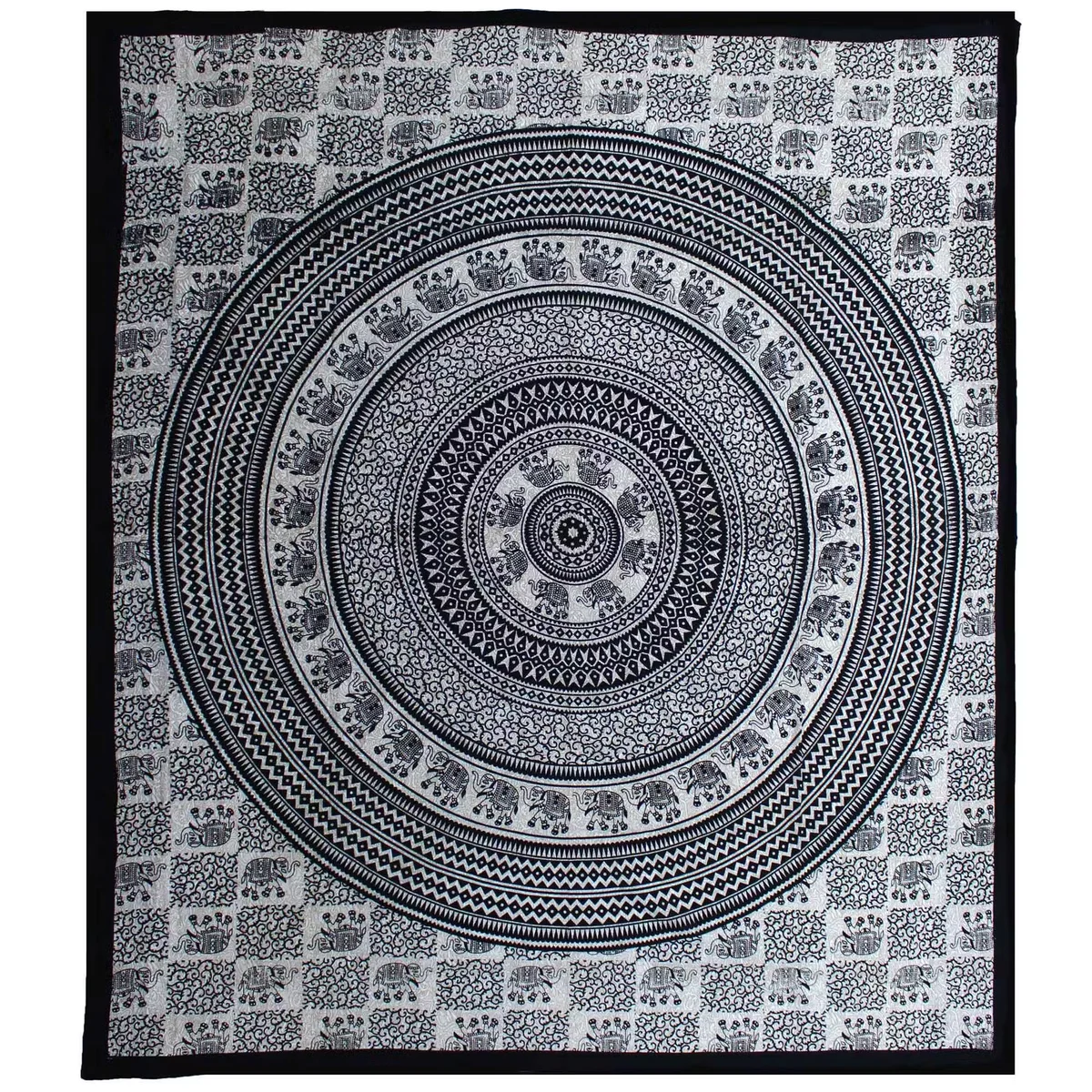 Double bedspread cotton with monochrome elephant mandala design hanging on wall behind bedspread displayed flat