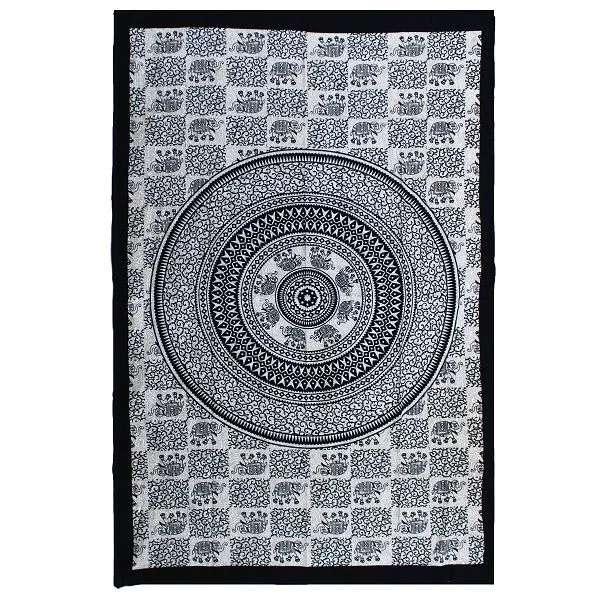 Single cotton bedspread with elephant mandala design in monochrome, also used as wall hanging