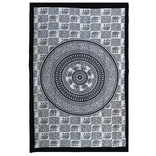 Single cotton elephant mandala bedspread in monochrome with detailed elephant and mandala design displayed flat