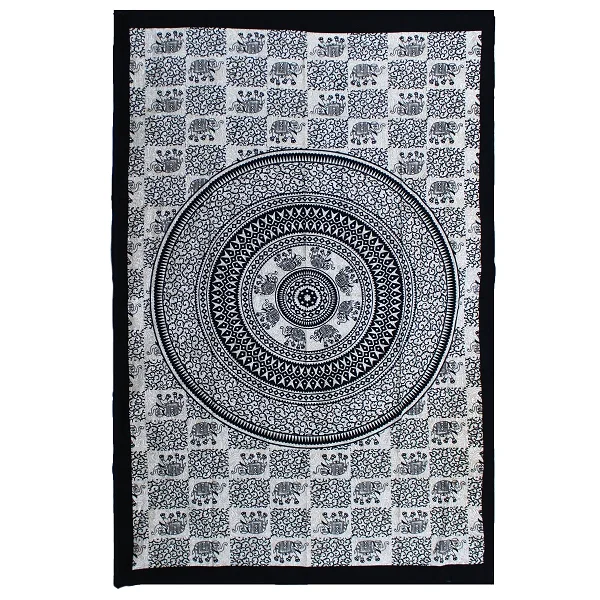 Single bedspread cotton with monochrome elephant mandala design, displayed as bedspread and wall hanging