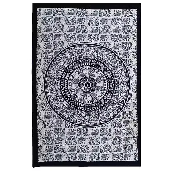 Elephant Mandala single cotton bedspread displayed as wall hanging decor in monochrome tones