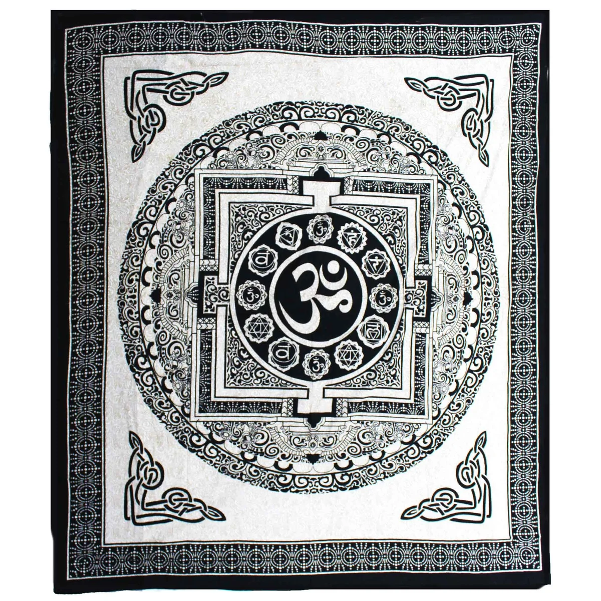 Double cotton bedspread double with monochrome OM Mandala design, also used as wall hanging, displayed flat