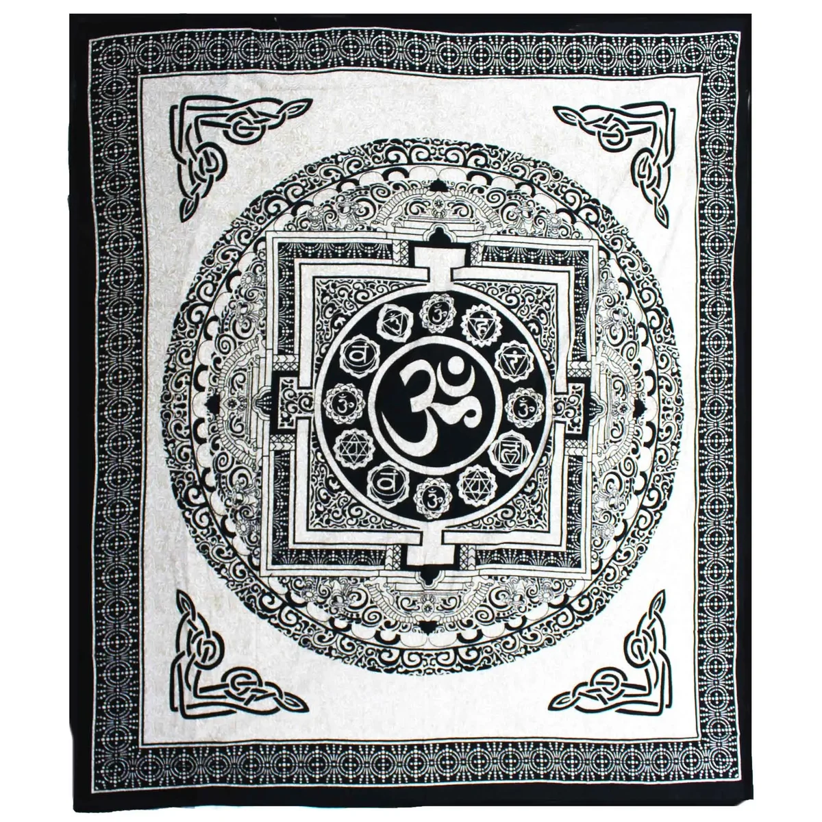 Double cotton om mandala bedspread in monochrome design, displayed as bedspread and wall hanging with OM symbol